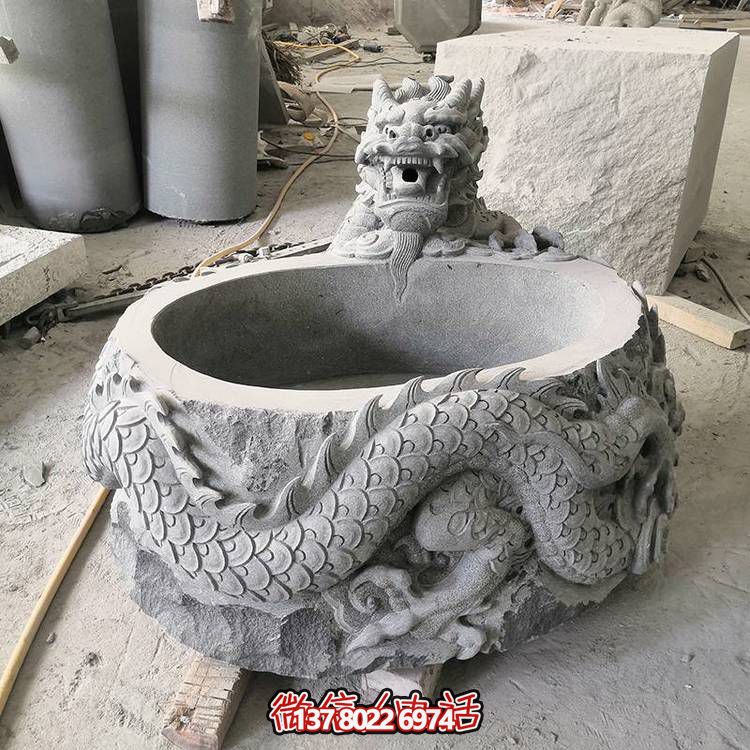 仿古石缸水缸青石龍形浮雕雕塑，為您的庭院增添一抹古樸