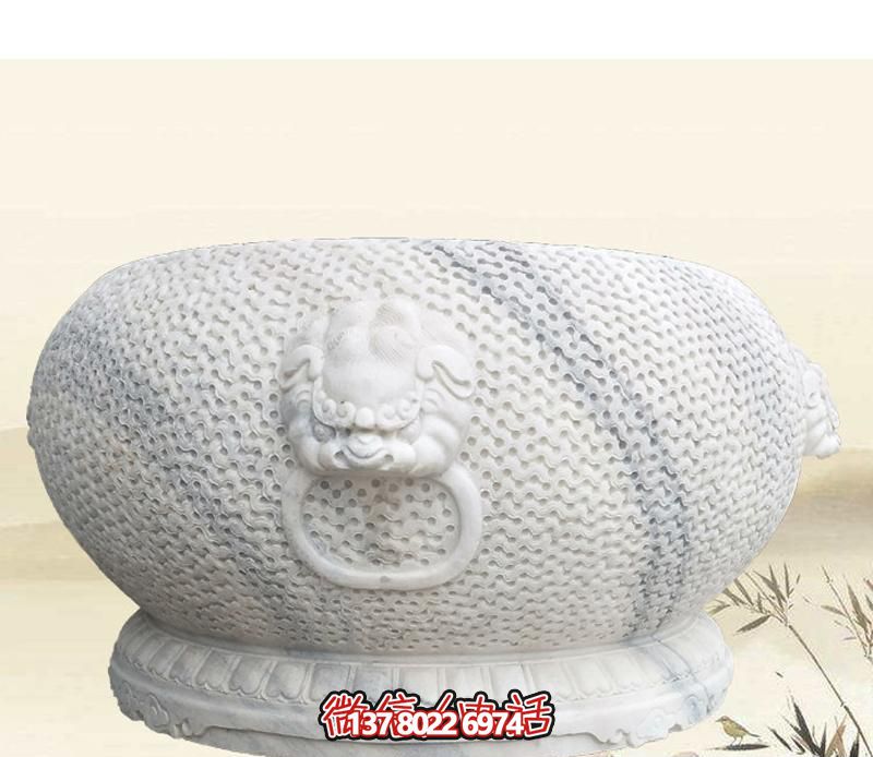 精美狴犴圓形雕塑，點綴庭院水缸浮雕