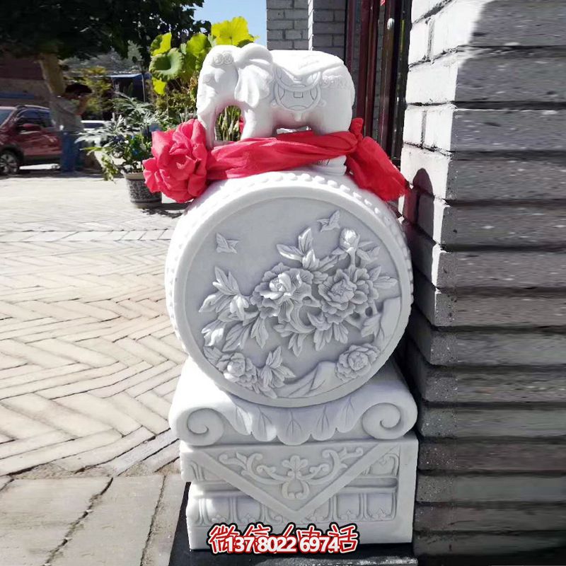 別墅庭院漢白玉石雕小象門(mén)墩